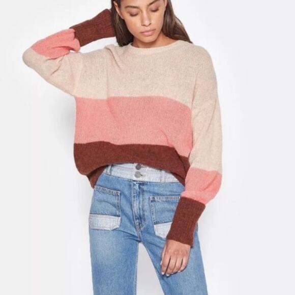 Joie Wool Colorblock Sweater Crew Neck Oversized Tan Brown Pink Fall Winter L - Picture 2 of 14